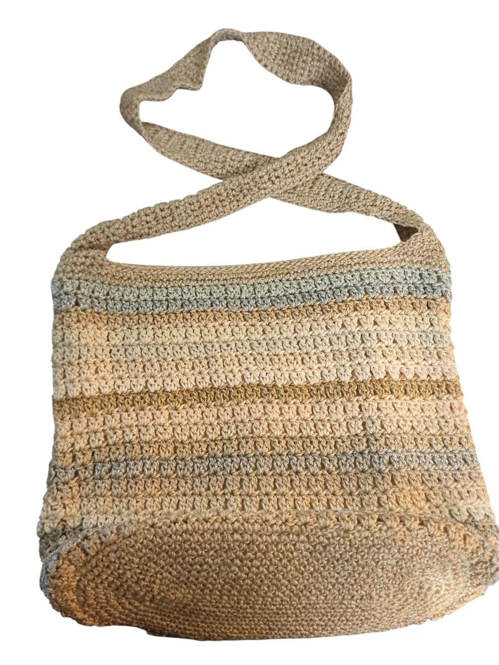The Sak Crochet Hobo Shoulder Bag Neutral Striped Knit Boho Slouch Crossbody